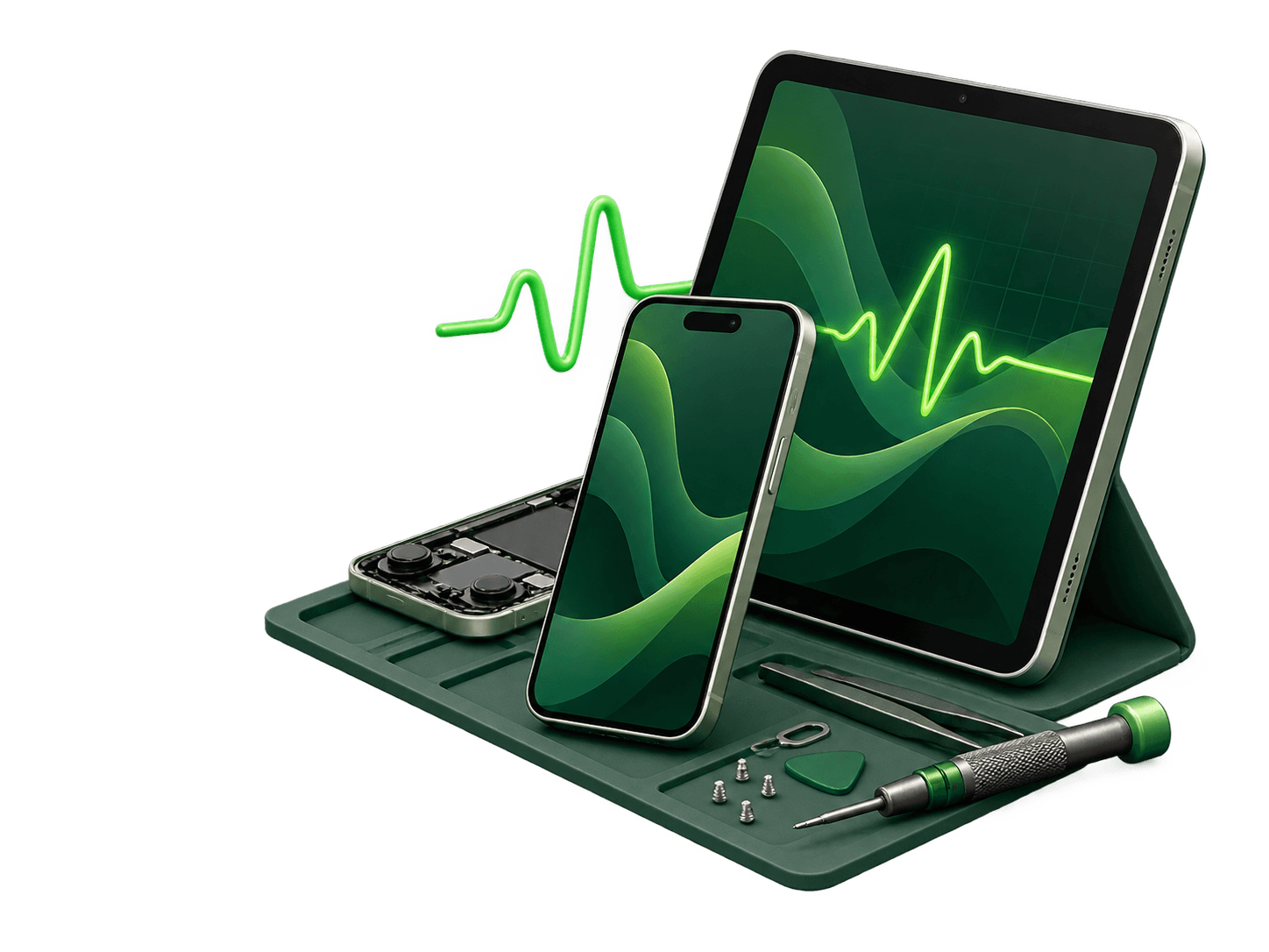 Планшет и смартфон на диагностическом коврике с инструментами